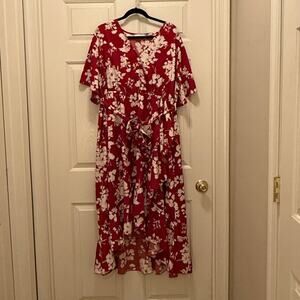 Red floral faux wrap dress, Size 18 Plus